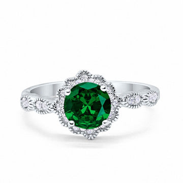 Floral Art Engagement Ring Simulated Green Emerald CZ 925 Sterling Silver